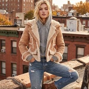 VTG Bebe Y2K Faux Suede Sherpa Aviator Cropped Bomber Jacket S Moto EUC RARE